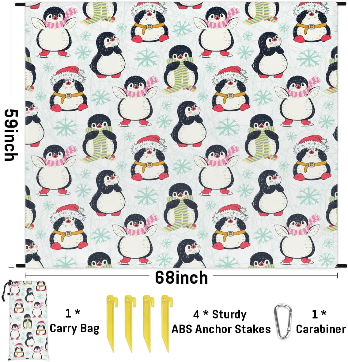 Cute Penguins Beach Blanket, Sandproof Beach Mat, 68 x 59 Waterproof Quick Drying Sand Free Mat with 4 x Ground Spikes for Outdoor Travel Camping Hiking, Christmas Penguins