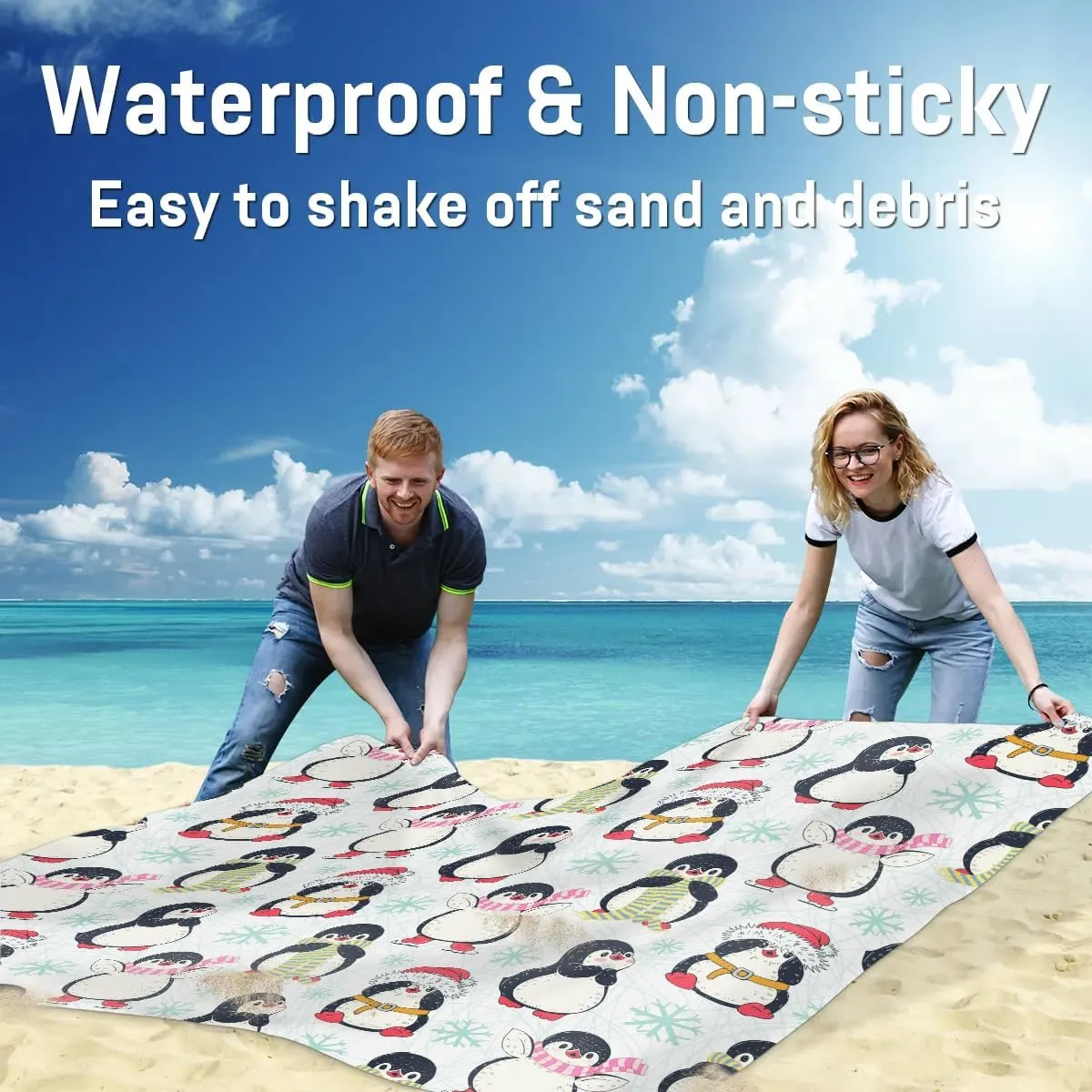 Cute Penguins Beach Blanket, Sandproof Beach Mat, 68 x 59 Waterproof Quick Drying Sand Free Mat with 4 x Ground Spikes for Outdoor Travel Camping Hiking, Christmas Penguins