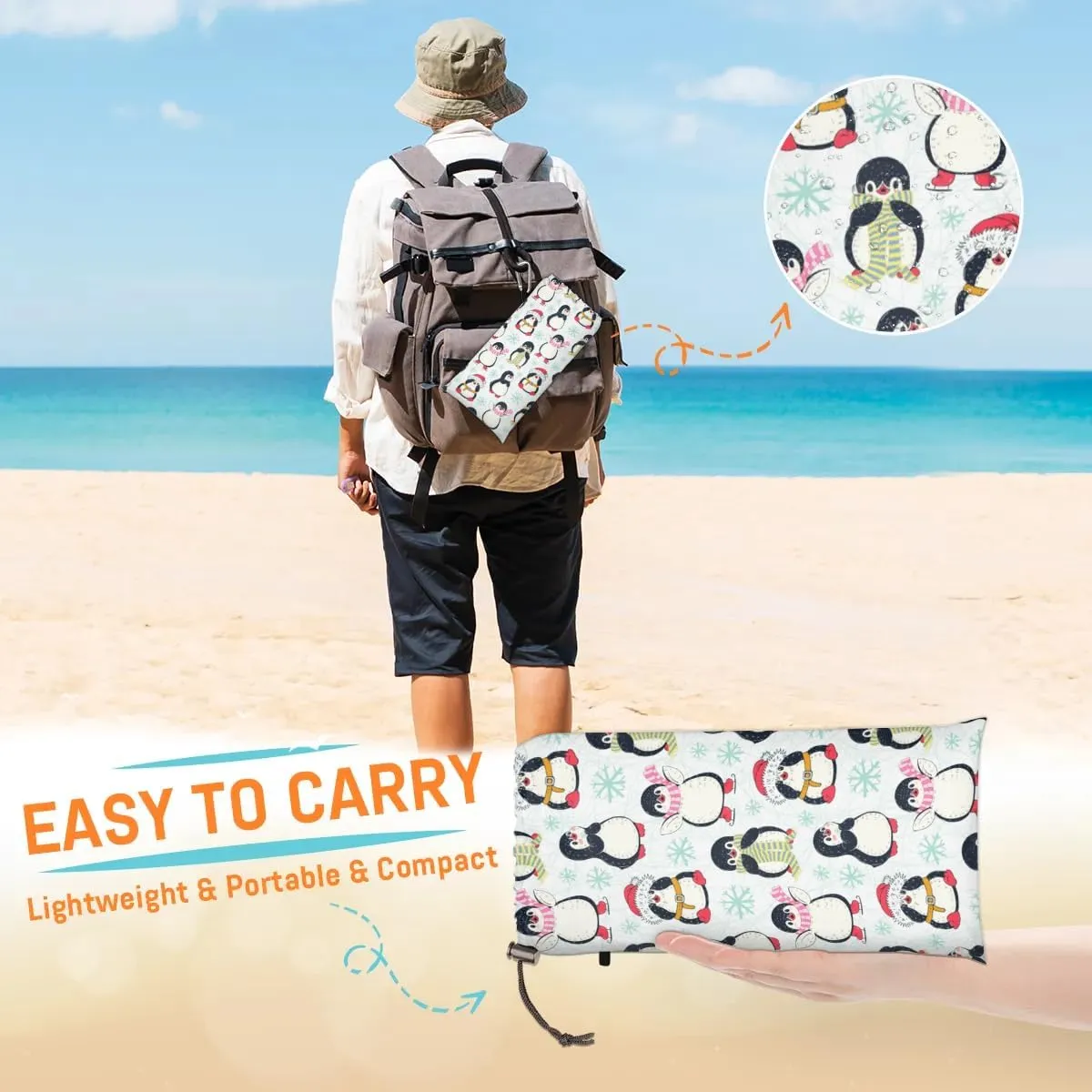 Cute Penguins Beach Blanket, Sandproof Beach Mat, 68 x 59 Waterproof Quick Drying Sand Free Mat with 4 x Ground Spikes for Outdoor Travel Camping Hiking, Christmas Penguins