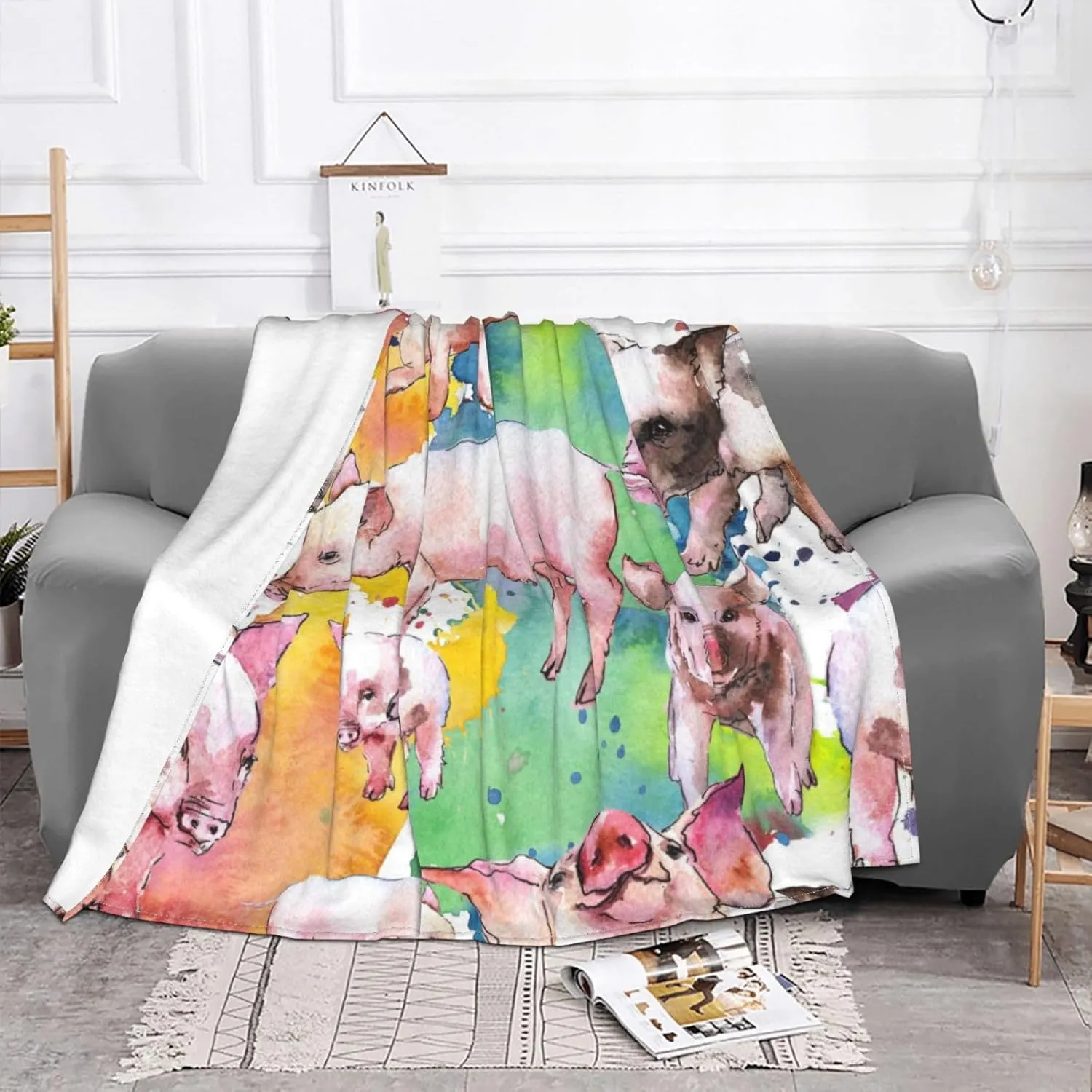 Cute Pink Pig 60"X50" Flannel Blanket - 100% Soft Polyester, Lightweight and Warm, Suitable for Families, Camping, Travel