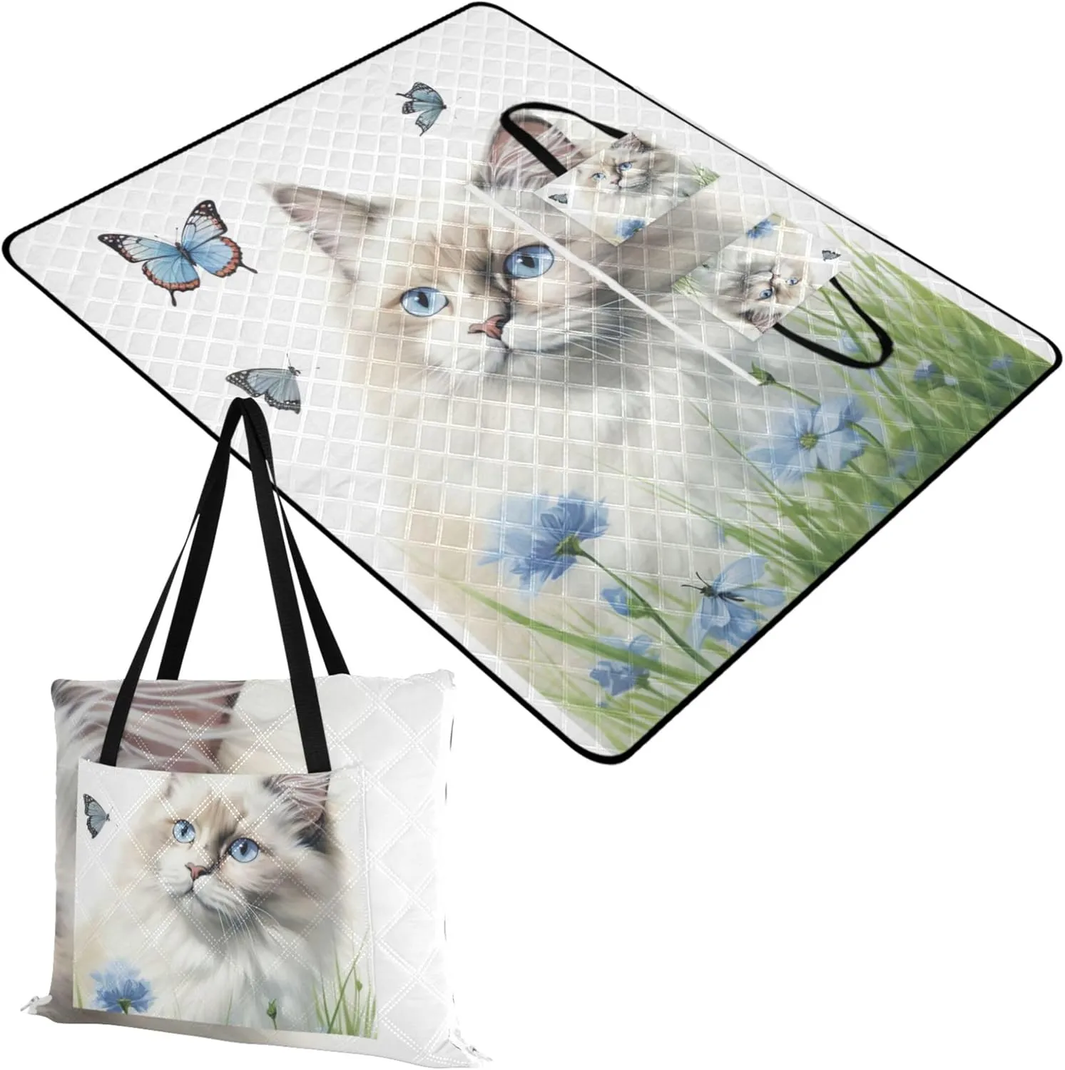 Cute Ragdoll Cat Beach Blanket Sandproof Waterproof, Grass Blankets for Outdoors Picnic Accessories Foldable, 80" x 60"