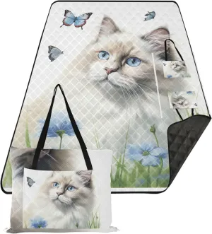 Cute Ragdoll Cat Beach Blanket Sandproof Waterproof, Grass Blankets for Outdoors Picnic Accessories Foldable, 80" x 60"