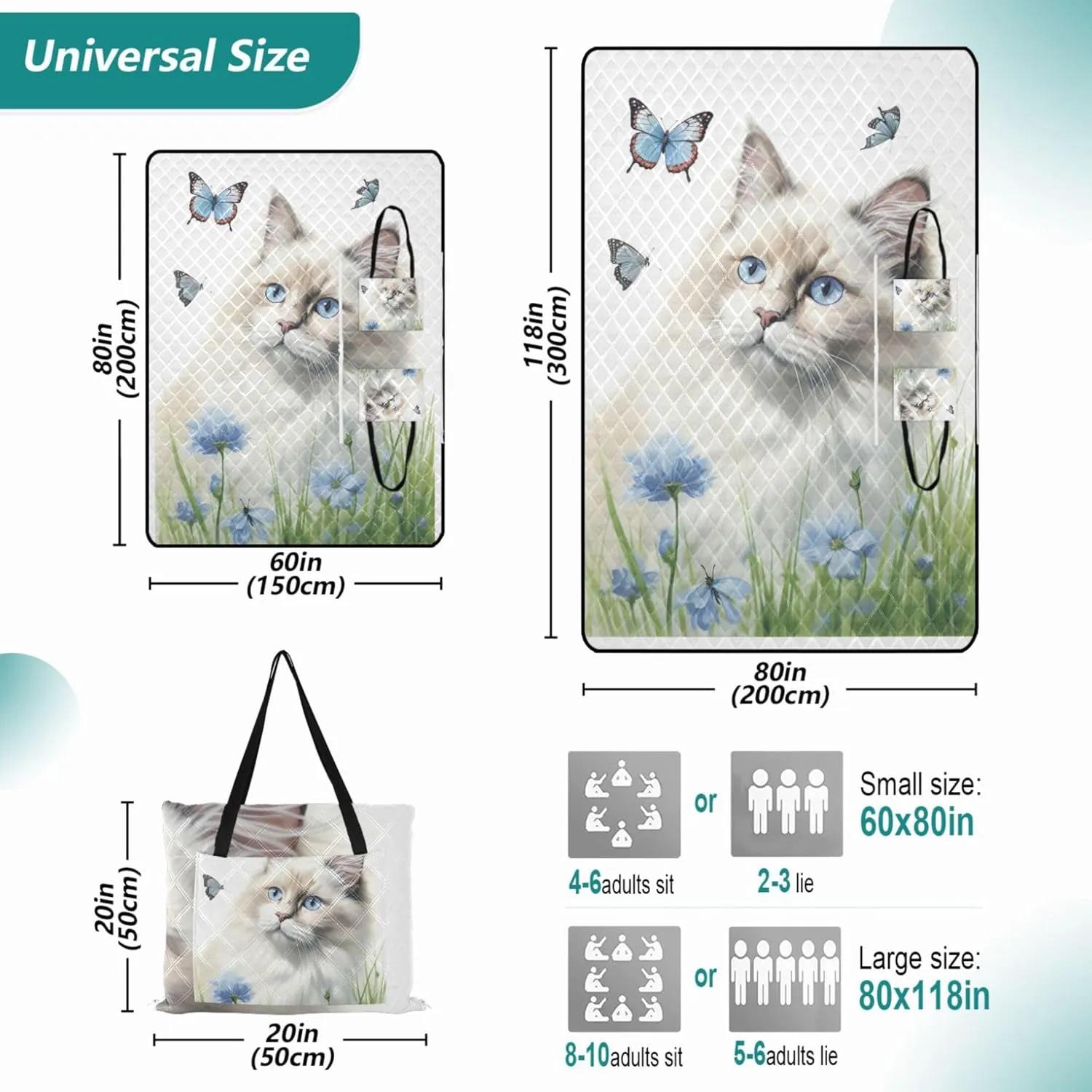 Cute Ragdoll Cat Beach Blanket Sandproof Waterproof, Grass Blankets for Outdoors Picnic Accessories Foldable, 80" x 60"