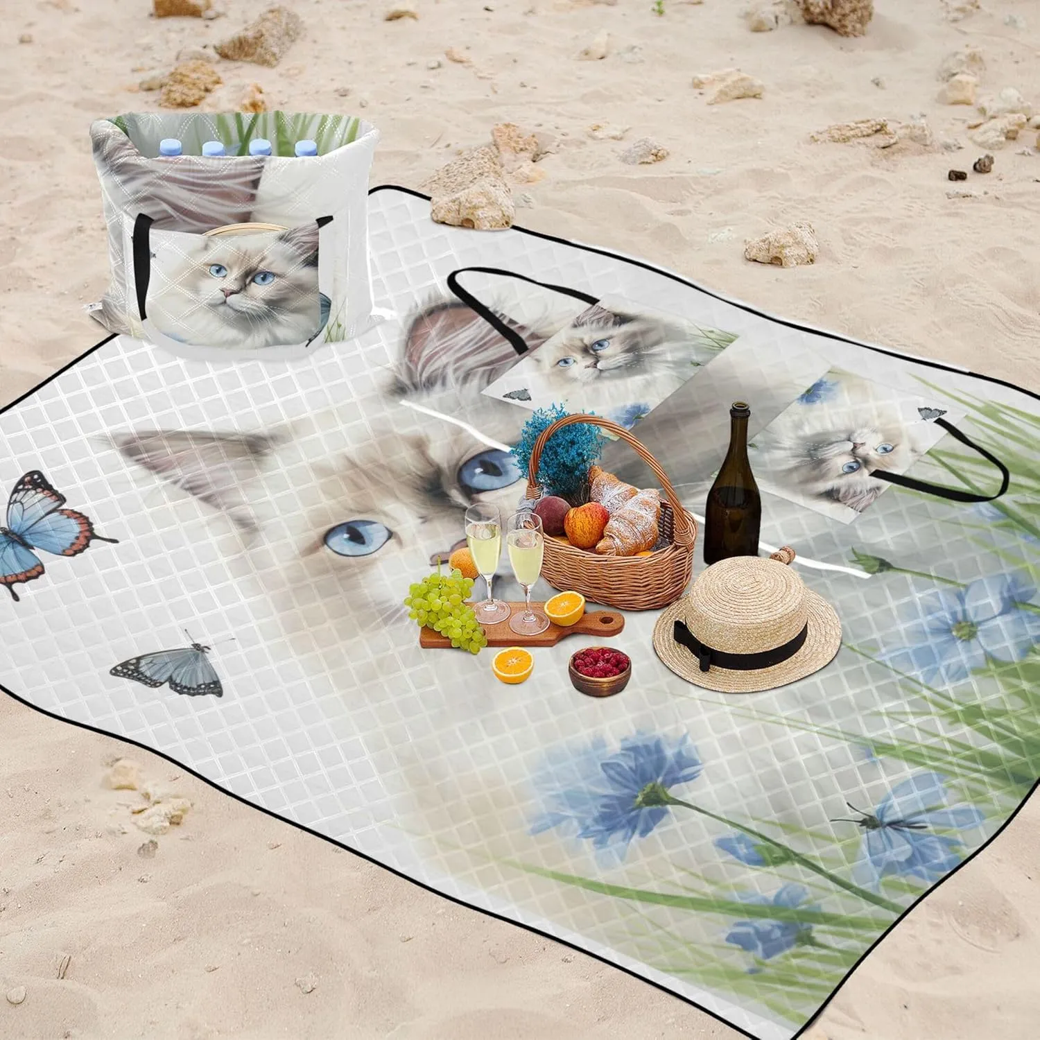 Cute Ragdoll Cat Beach Blanket Sandproof Waterproof, Grass Blankets for Outdoors Picnic Accessories Foldable, 80" x 60"