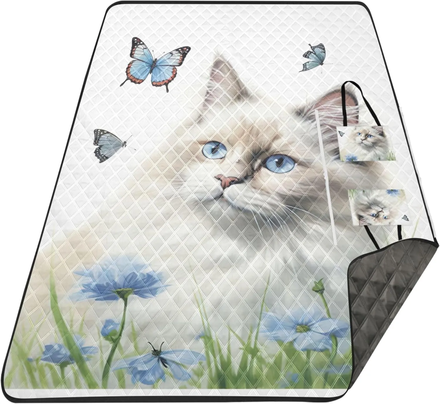 Cute Ragdoll Cat Beach Blanket Sandproof Waterproof, Grass Blankets for Outdoors Picnic Accessories Foldable, 80" x 60"