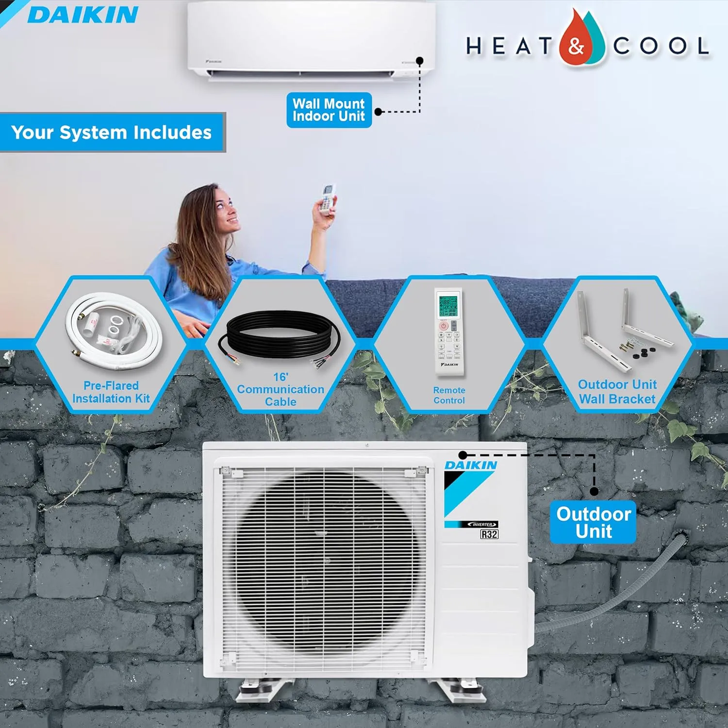 Daikin 12,000 BTU 18 SEER2 Entra R32 Series Ductless Mini Split Heat Pump System w/Maxwell All-Inclusive 15’ Installation Kit and Wall Mounting Bracket (230V), White, RXC12 FTXC12 IKM1438 WAFP24