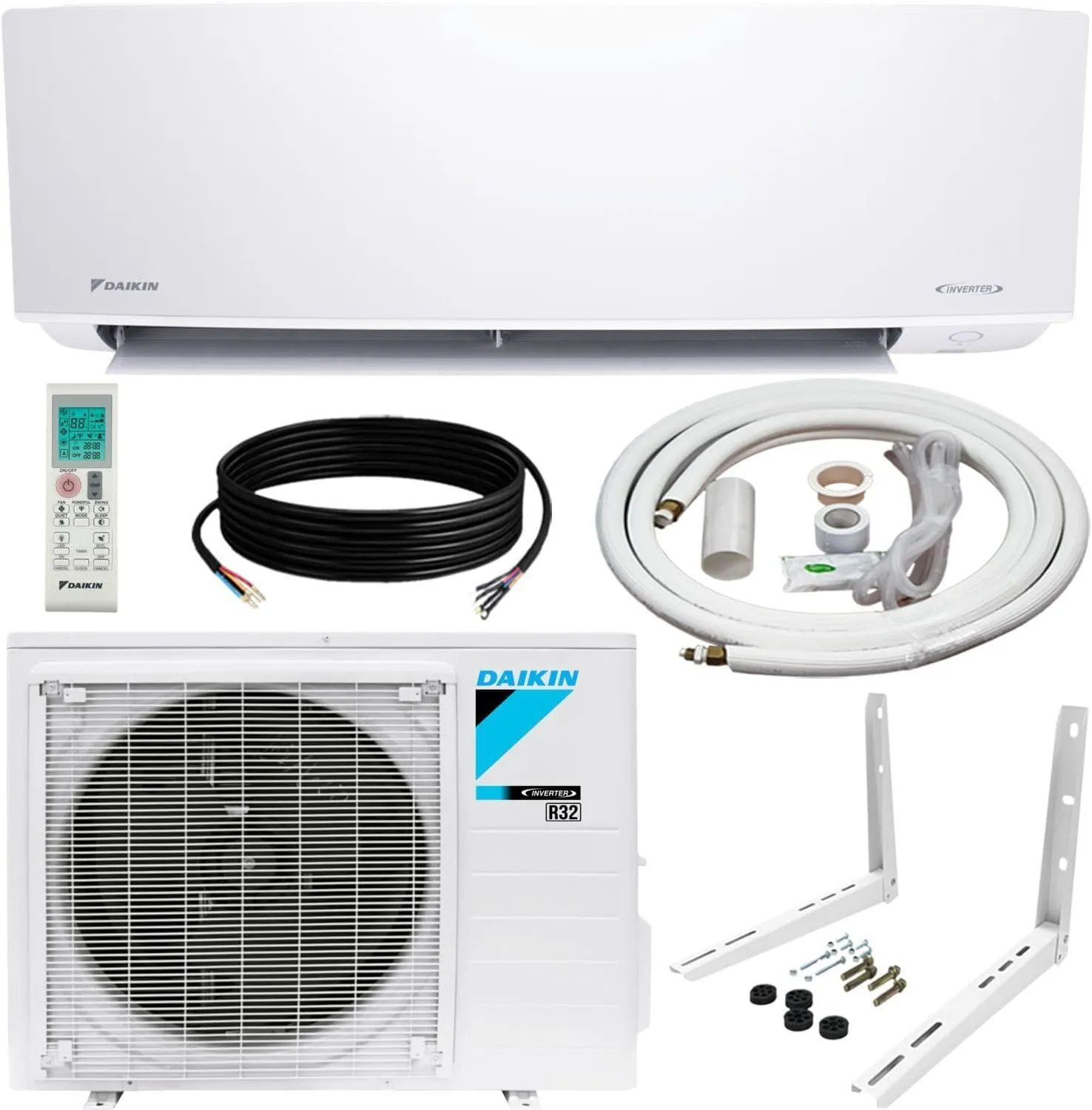Daikin 12,000 BTU 18 SEER2 Entra R32 Series Ductless Mini Split Heat Pump System w/Maxwell All-Inclusive 15’ Installation Kit and Wall Mounting Bracket (230V), White, RXC12 FTXC12 IKM1438 WAFP24