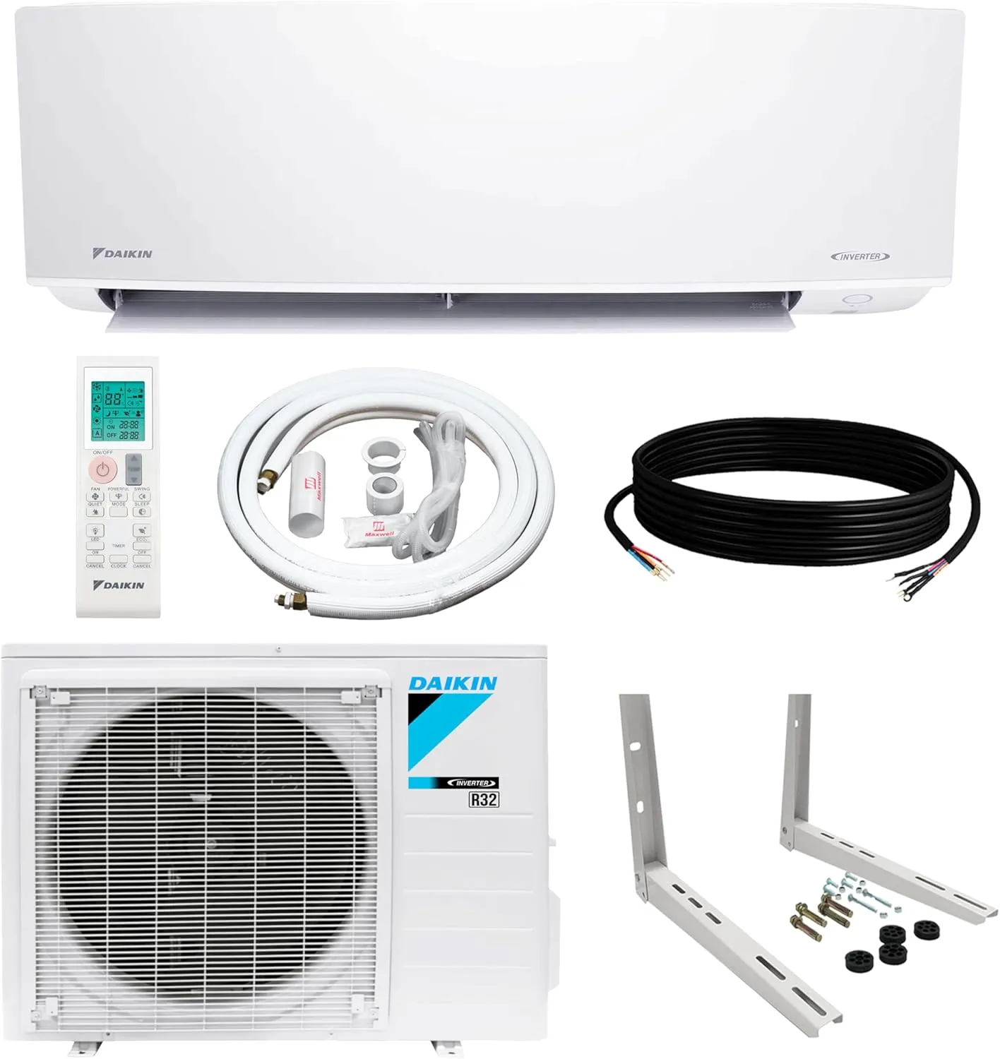 Daikin 18,000 BTU 18 SEER2 Entra R32 Series Ductless Mini Split Heat Pump System w/Maxwell All-Inclusive 25’ Installation Kit and Wall Mounting Bracket (230V)