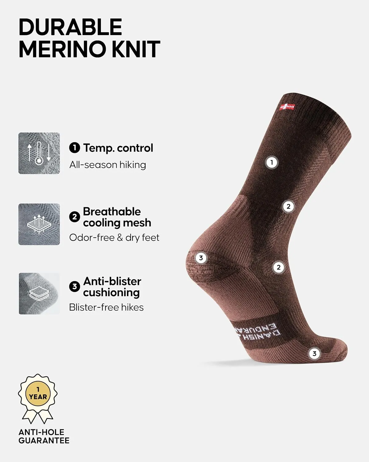 DANISH ENDURANCE Hiking Socks, Merino Wool Socks, Anti Blister, Cushioned, Breathable, Men & Women, 3-Pack