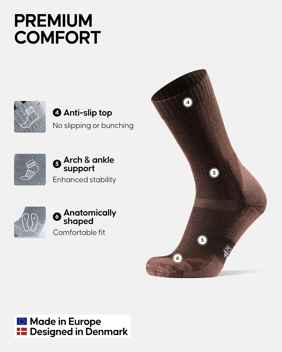 DANISH ENDURANCE Hiking Socks, Merino Wool Socks, Anti Blister, Cushioned, Breathable, Men & Women, 3-Pack