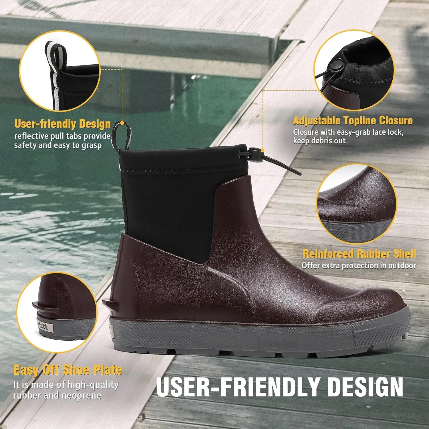Deck Boots For Men Anti-Slip, Waterproof Ankle Rain Boots, Rubber Outdoor Fishing Footwear, Chelsea Garden Work Water Shoes, Size 6.5-12