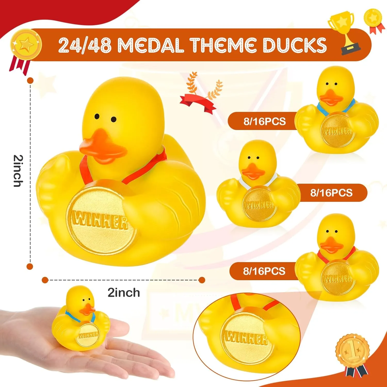 DEEKIN 24 Pcs Award Medal Rubber Ducks for Graduation 2 Inch Winner Ducks Graduation Party Favors Sports Competition Prize Gifts Decor