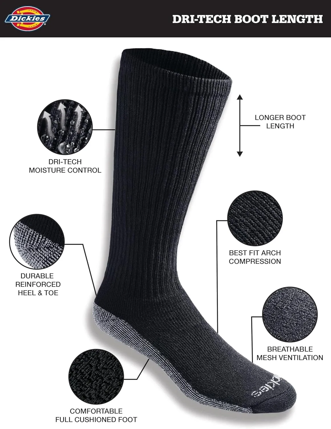 Dickies Men's Dri-Tech Moisture Control Boot-Length Socks, 6 & 12 Pairs, Sizes L-XL