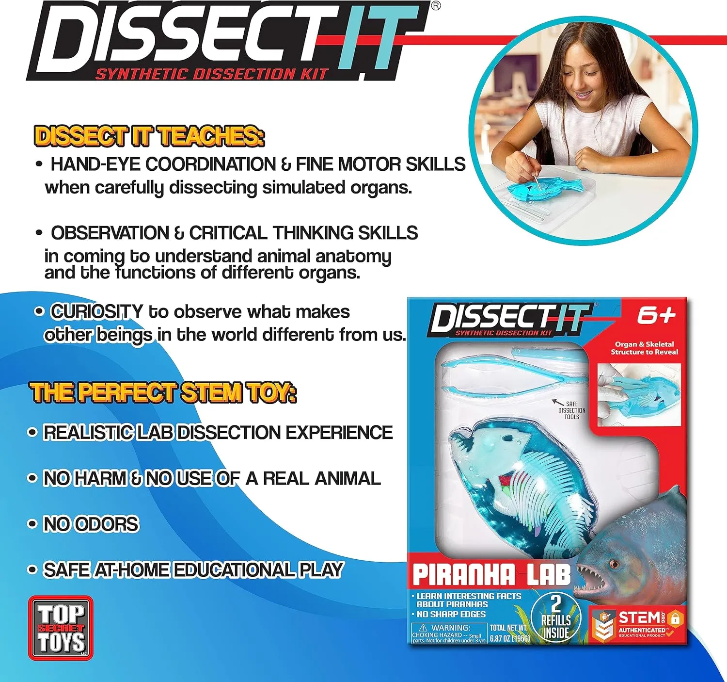 Dissect-It Simulated Synthetic Lab Dissection Toy, STEM Projects for Kids Ages 6 , Animal Science, Biology, Anatomy Home Learning Kit, Great for Young Scientists! - Piranha