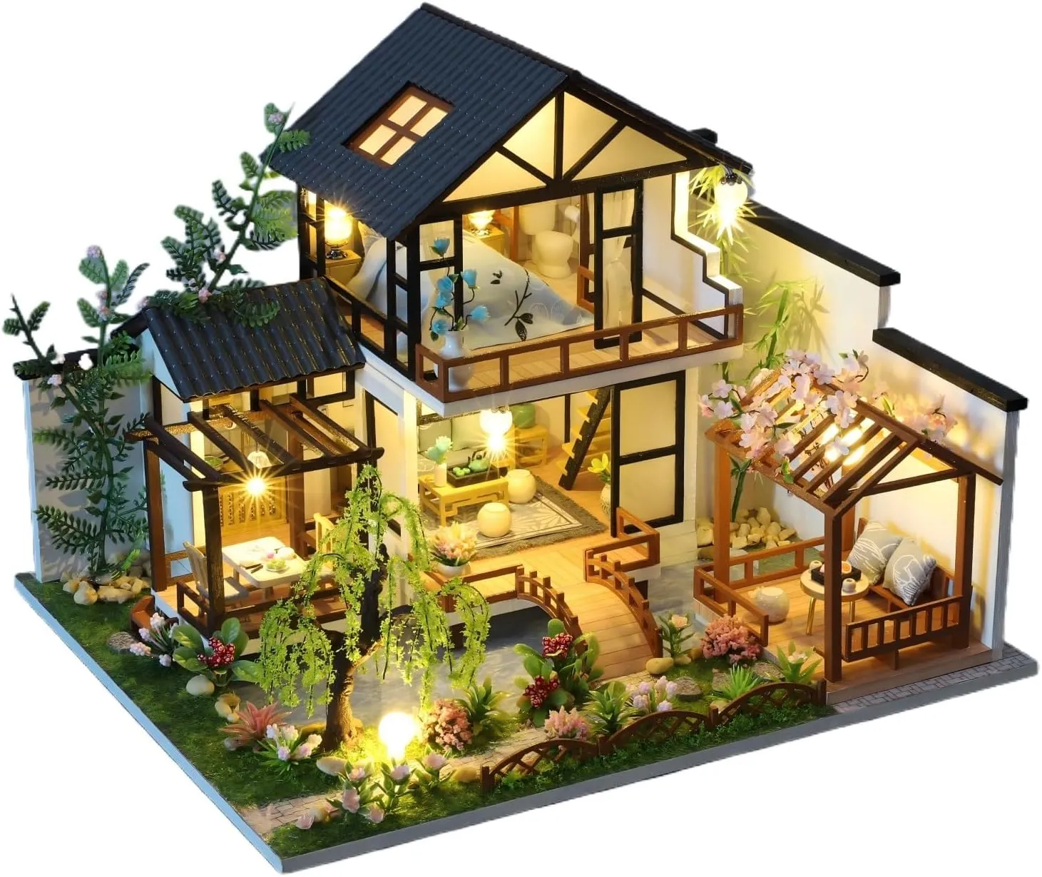 DIY Miniature House Kit, Tiny House Kit with LED & Music Movement, DIY Wooden Dollhouse Miniature Kit for Adults Teen, Wooden Crafts Dollhouse Kit