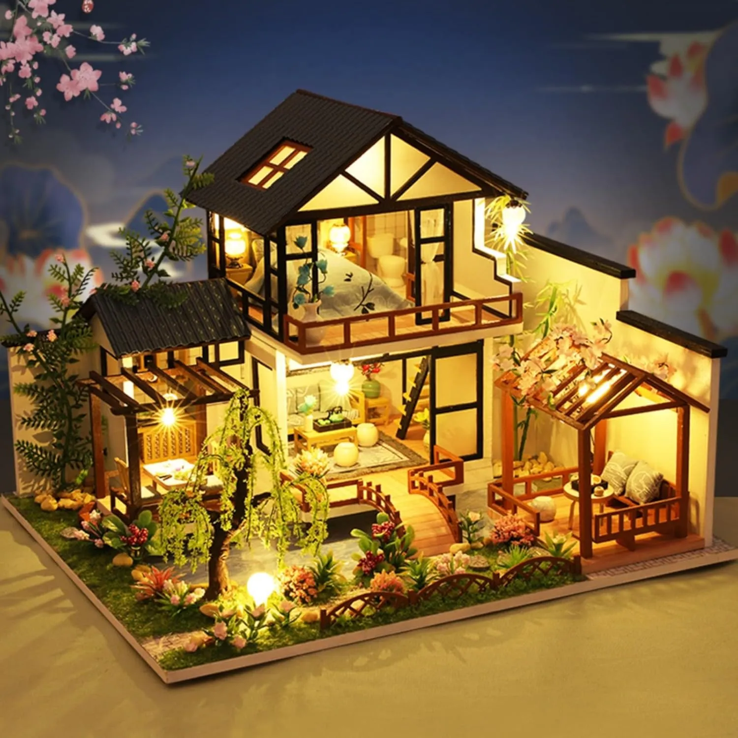 DIY Miniature House Kit, Tiny House Kit with LED & Music Movement, DIY Wooden Dollhouse Miniature Kit for Adults Teen, Wooden Crafts Dollhouse Kit