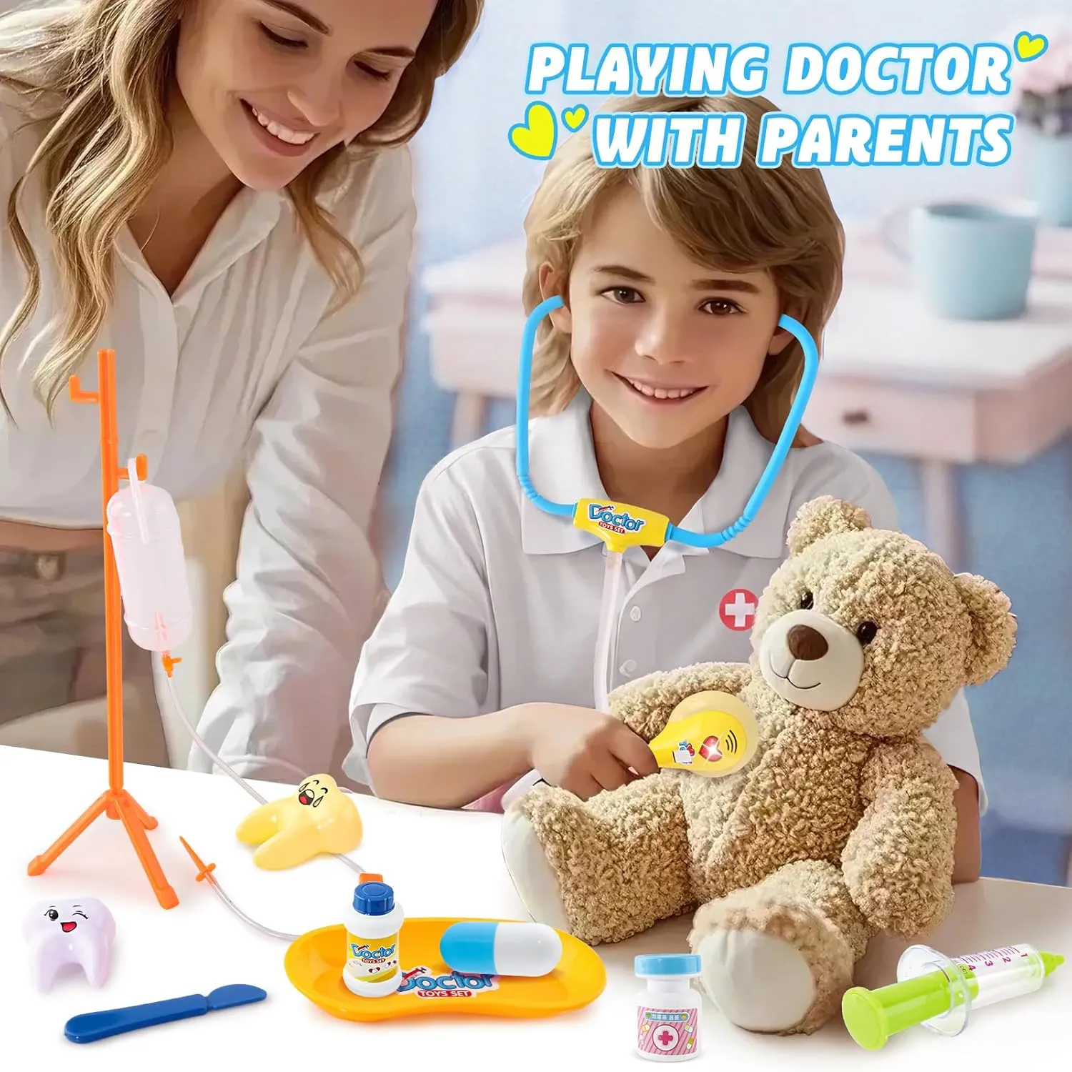 Doctor Kit for Kids Aged 3 4 5, Pretend Doctor Playset for Toddlers ， Costume and Stethoscope, Role Play Medical Toy for Girls Boys（White）