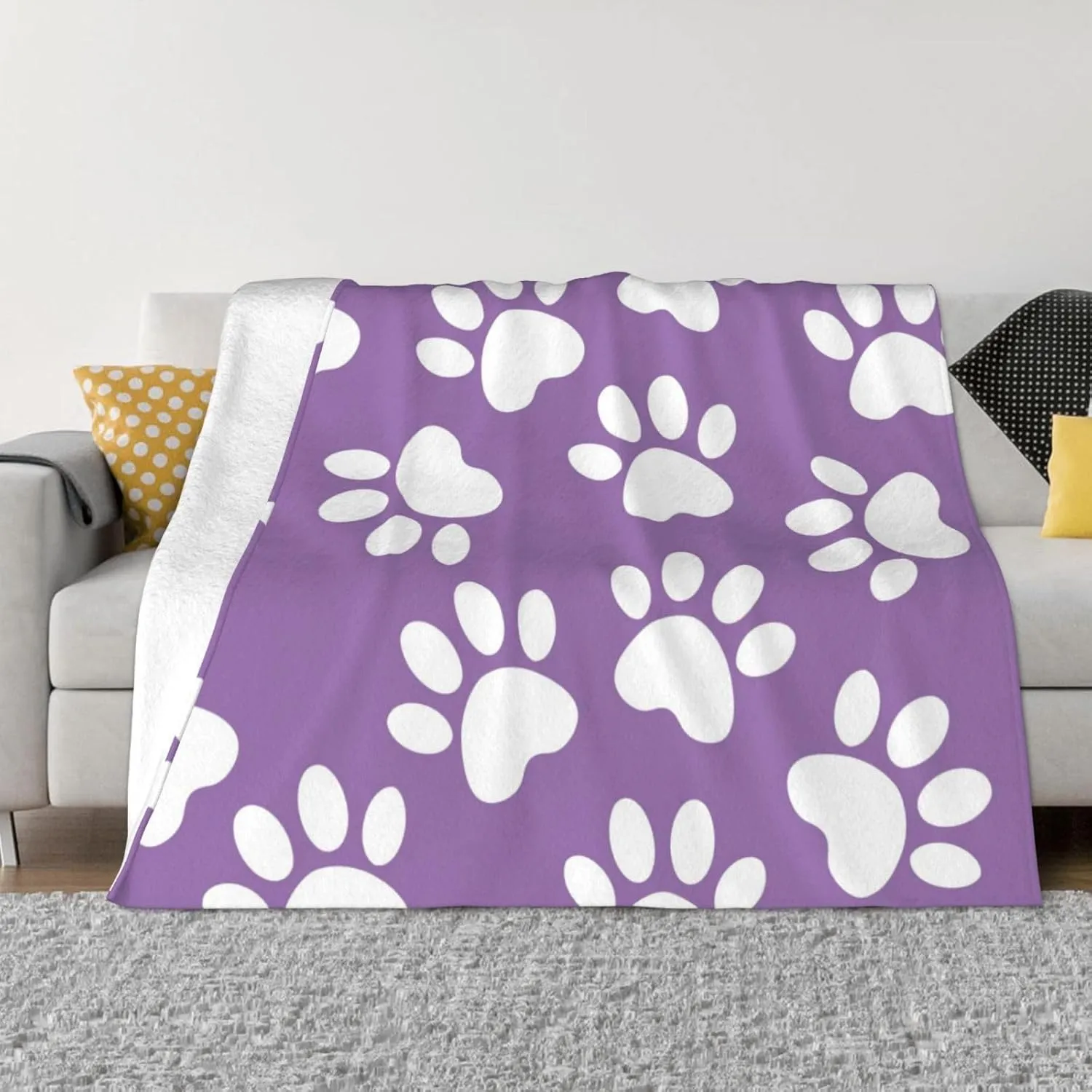 Dog Paw Print Style Purple 60"X50" Flannel Blanket - 100% Soft Polyester, Lightweight and Warm, Suitable for Families, Camping, Travel