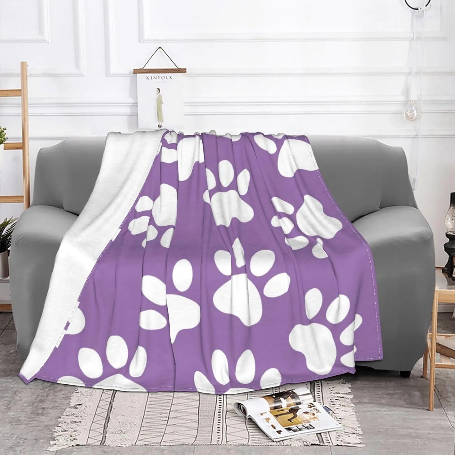 Dog Paw Print Style Purple 60"X50" Flannel Blanket - 100% Soft Polyester, Lightweight and Warm, Suitable for Families, Camping, Travel