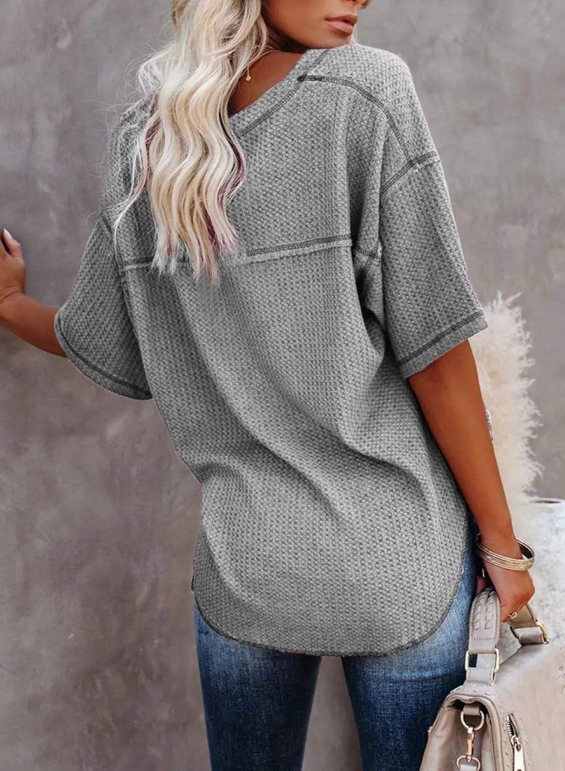 Dokotoo Women's Causual V Neck Short Sleeve Shirts Waffle Knit Loose Tunic Tops Blouses