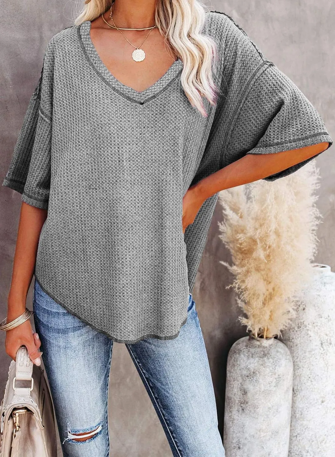 Dokotoo Women's Causual V Neck Short Sleeve Shirts Waffle Knit Loose Tunic Tops Blouses
