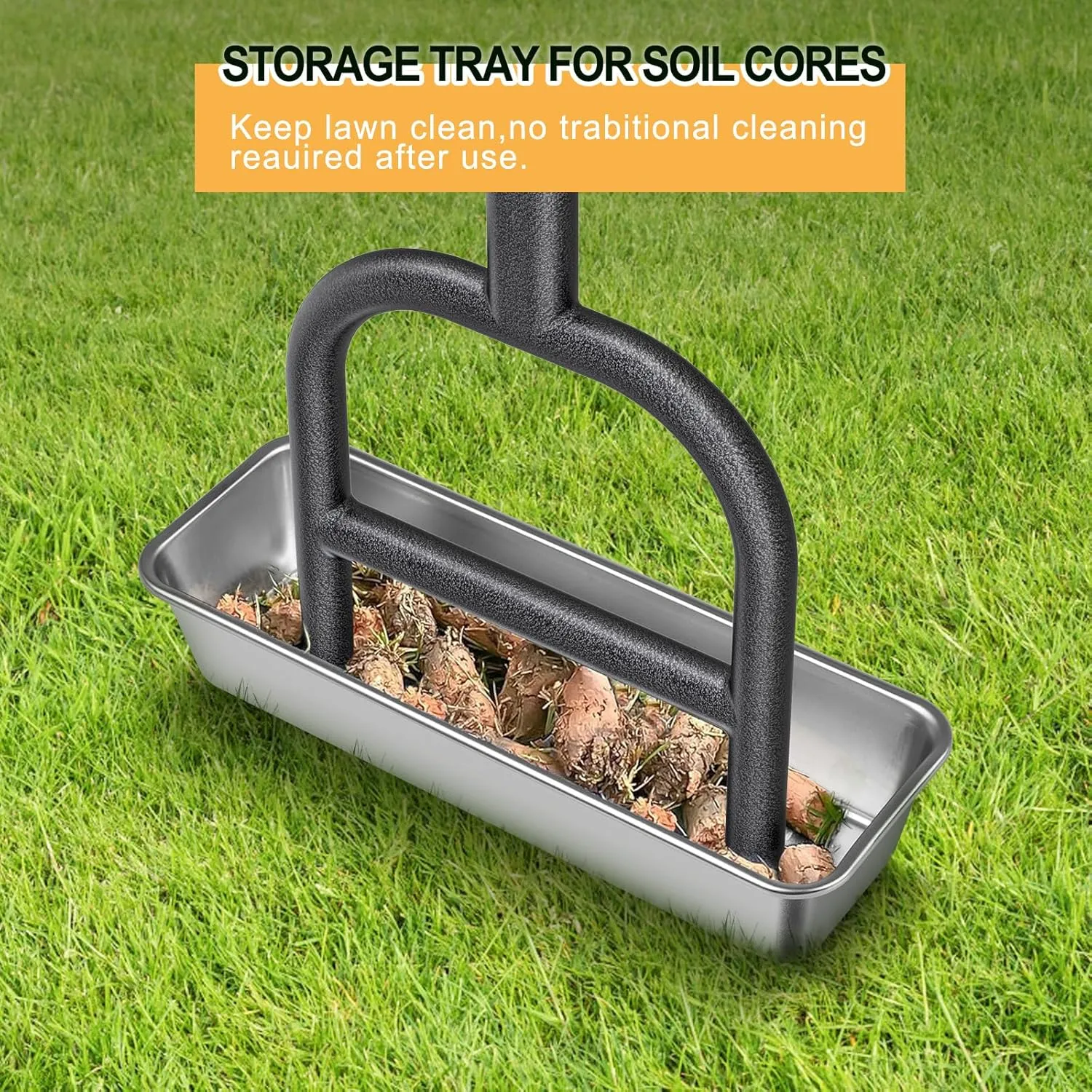 Dolibest Lawn Coring Aerator, Manual Grass Aerating Tool with Stainless Steel Soil Core Storage Tray, 4 Stainless Steel Corer Plug Aerator Tool, Garden Tool & Clean Hand Tool, Improve Lawn Health