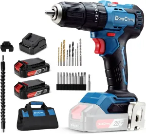 Dong Cheng 20V Brushless Heavy-duty Impact Drill, 443 in-lbs, 27000 IPM, 1/2" Keyless Metal Chuck, 20 1 1 Clutch, Cordless Hammer Drill with 2 Battery Kit for Drilling Brick Wall, Metal, Wood