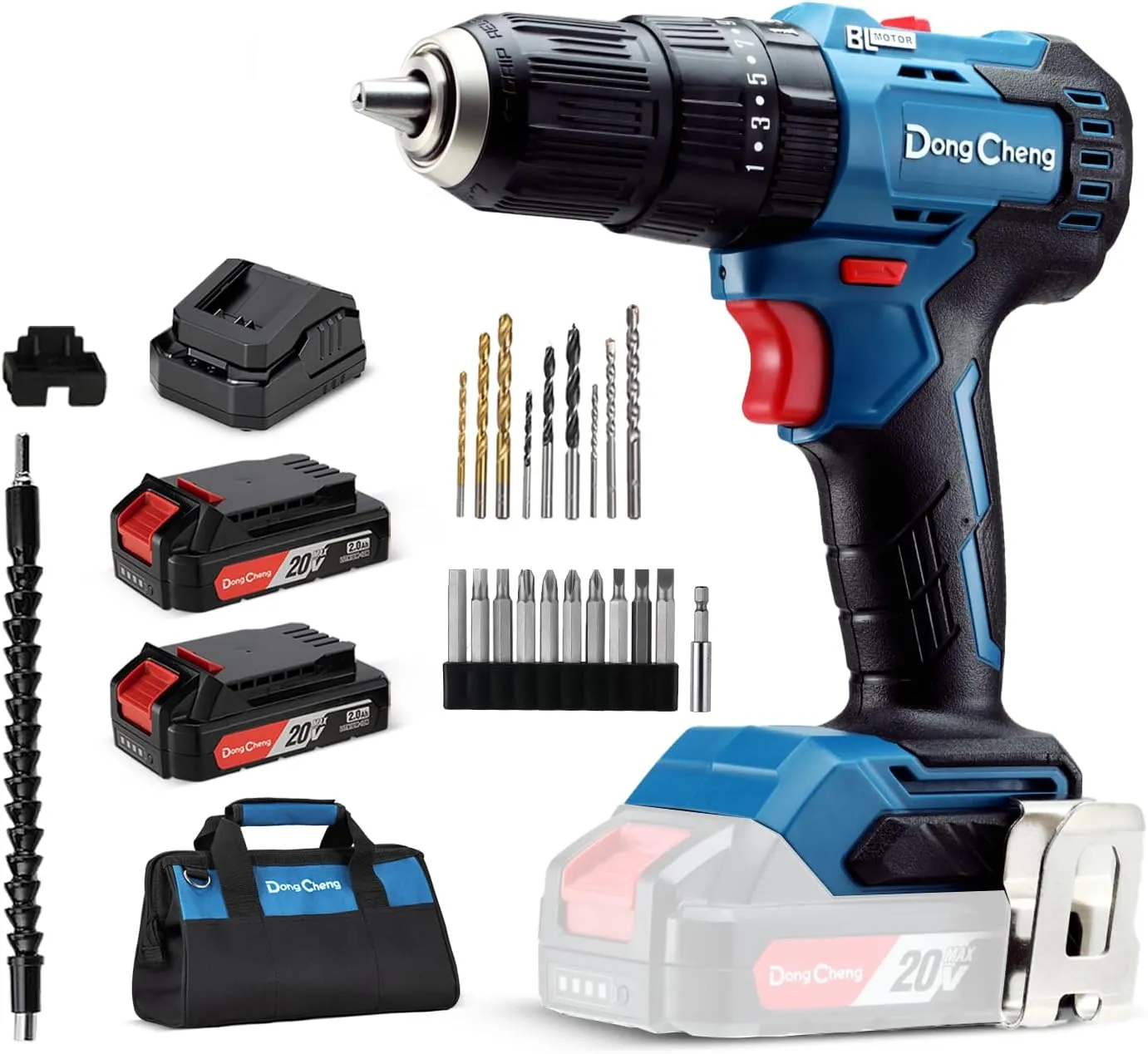 Dong Cheng 20V Brushless Heavy-duty Impact Drill, 443 in-lbs, 27000 IPM, 1/2" Keyless Metal Chuck, 20 1 1 Clutch, Cordless Hammer Drill with 2 Battery Kit for Drilling Brick Wall, Metal, Wood
