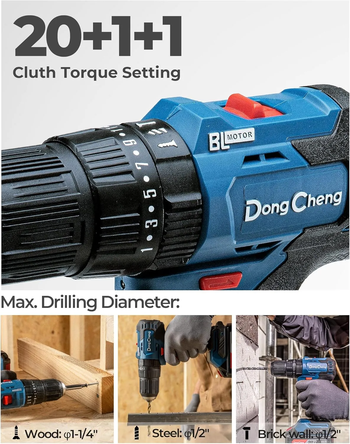 Dong Cheng 20V Brushless Heavy-duty Impact Drill, 443 in-lbs, 27000 IPM, 1/2" Keyless Metal Chuck, 20 1 1 Clutch, Cordless Hammer Drill with 2 Battery Kit for Drilling Brick Wall, Metal, Wood