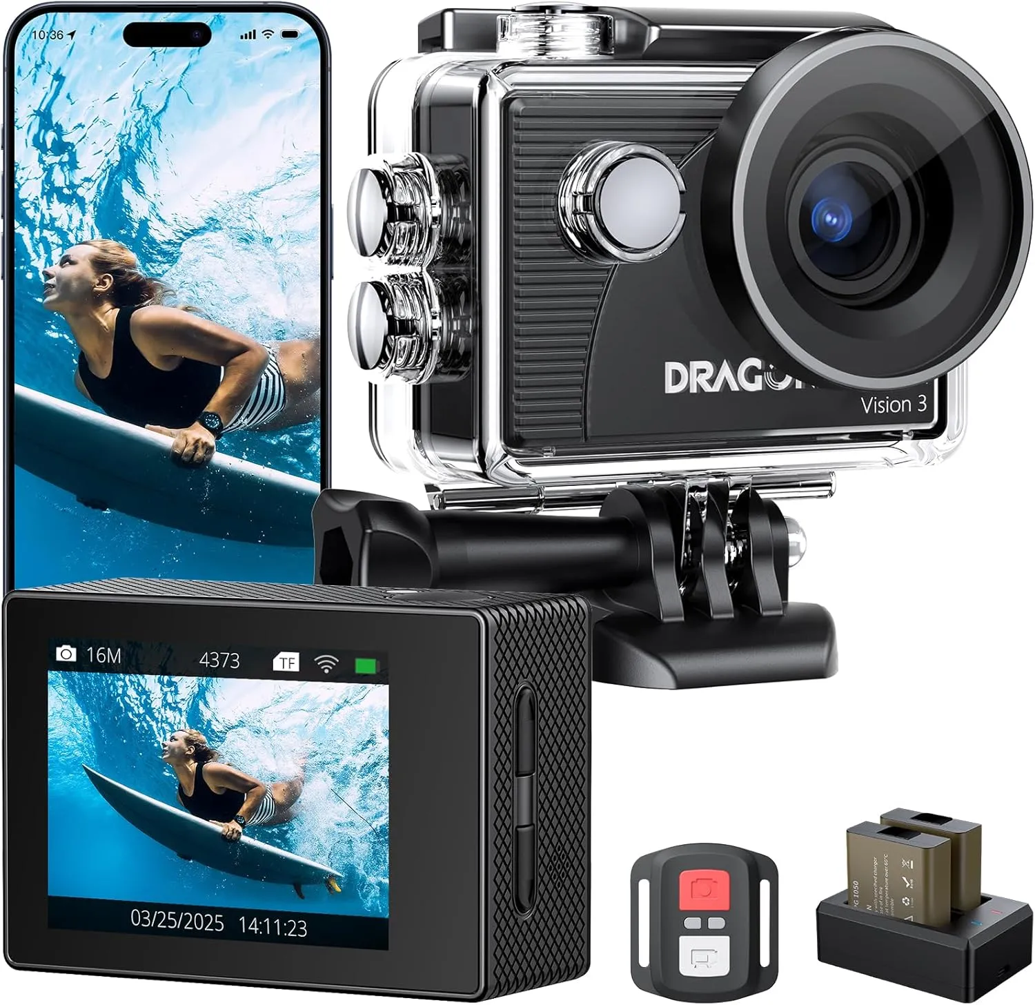 Dragon Touch 4K30FPS Action Camera Vision 3 20MP 100FT Underwater Camera 170° Wide Angle WiFi Sports Waterproof Cam with Remote 2 Batteries and Mounting Accessories Kit
