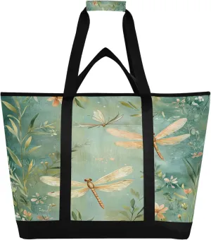 Dragonflies Reusable Insulated Cooler Bag with Ice Pack Compartment - Large 47L Waterproof Thermal Grocery Tote for Picnic Beach Camping Lunch Storage
