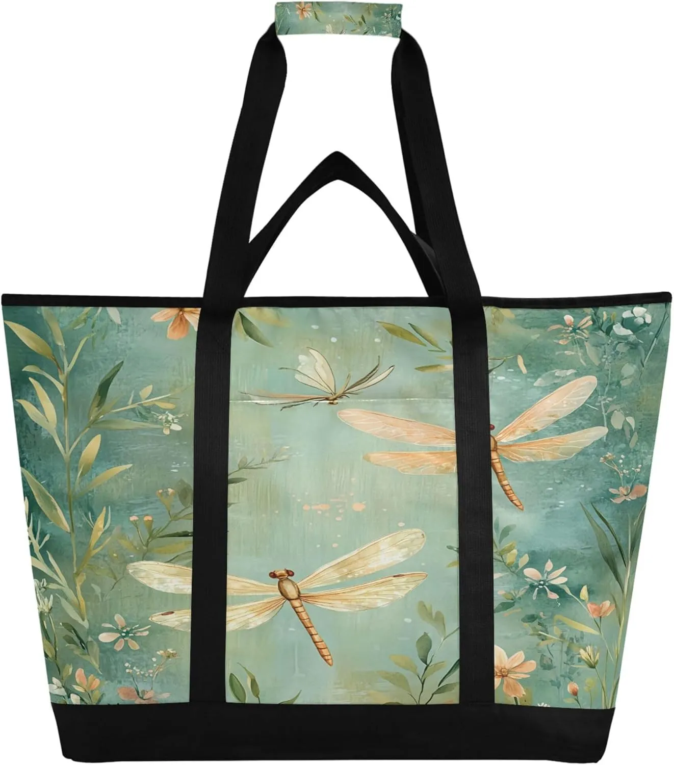Dragonflies Reusable Insulated Cooler Bag with Ice Pack Compartment - Large 47L Waterproof Thermal Grocery Tote for Picnic Beach Camping Lunch Storage