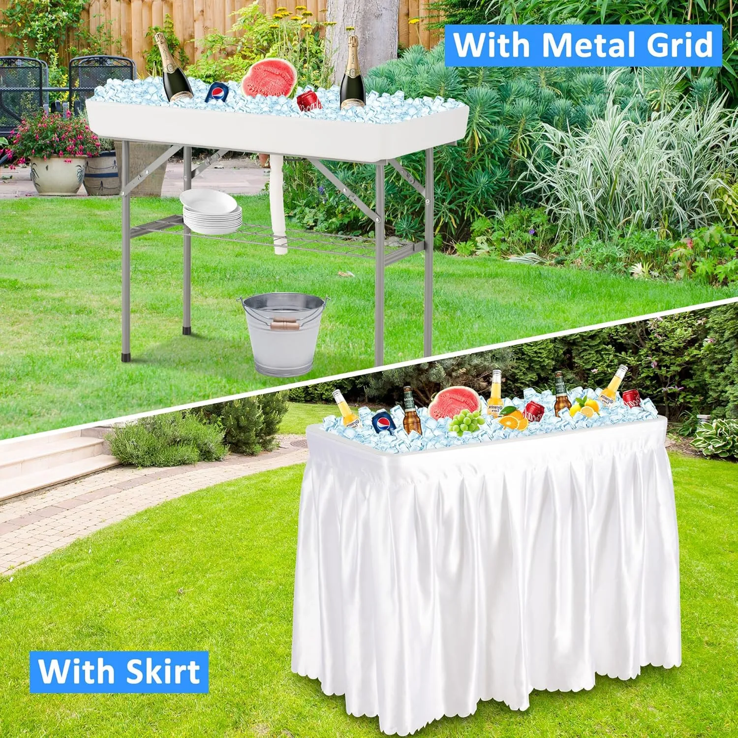 Dragosum Outdoor Ice Cooler Table with Drain, Folding Ice Table with Removable Matching Skirt, Portable Table Coolers 4 Foot for Party BBQ Camping Wedding