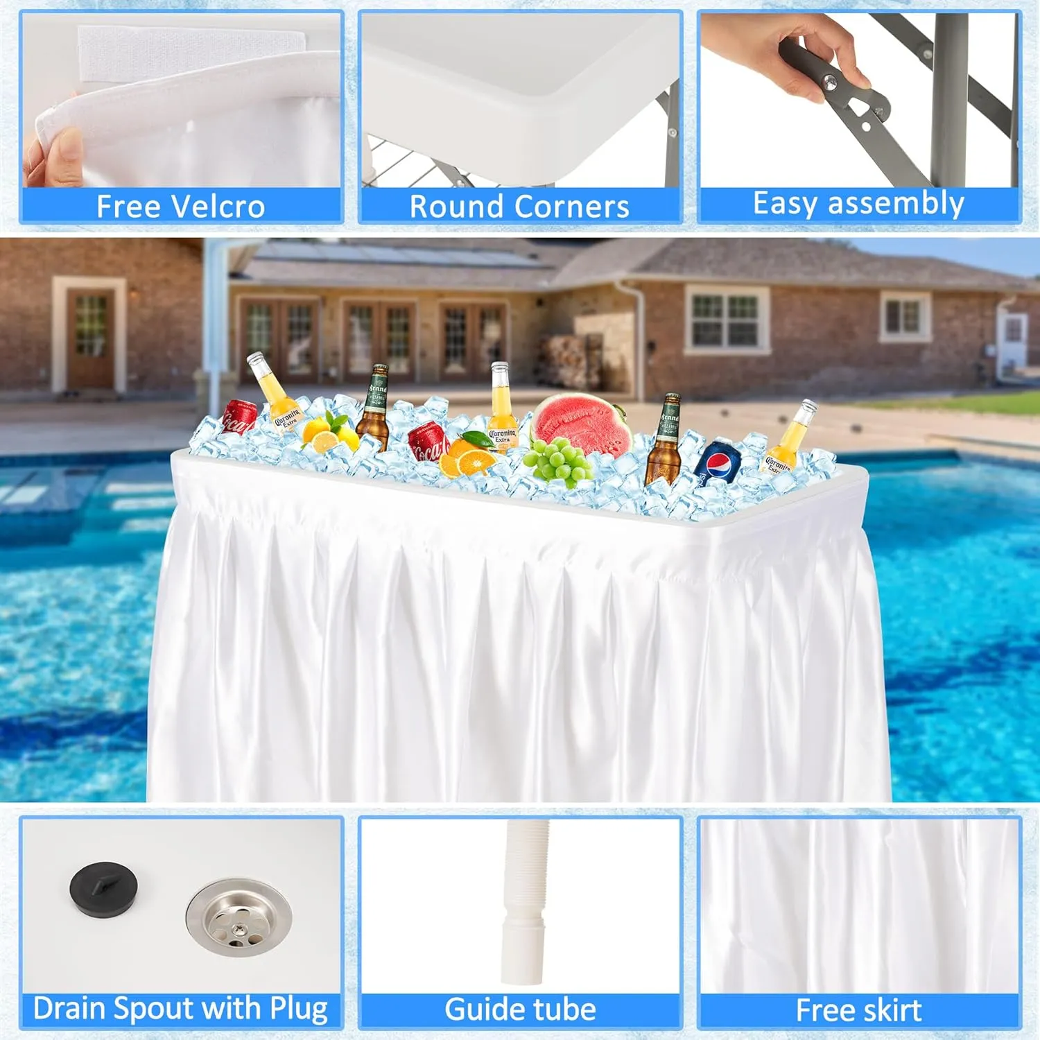 Dragosum Outdoor Ice Cooler Table with Drain, Folding Ice Table with Removable Matching Skirt, Portable Table Coolers 4 Foot for Party BBQ Camping Wedding