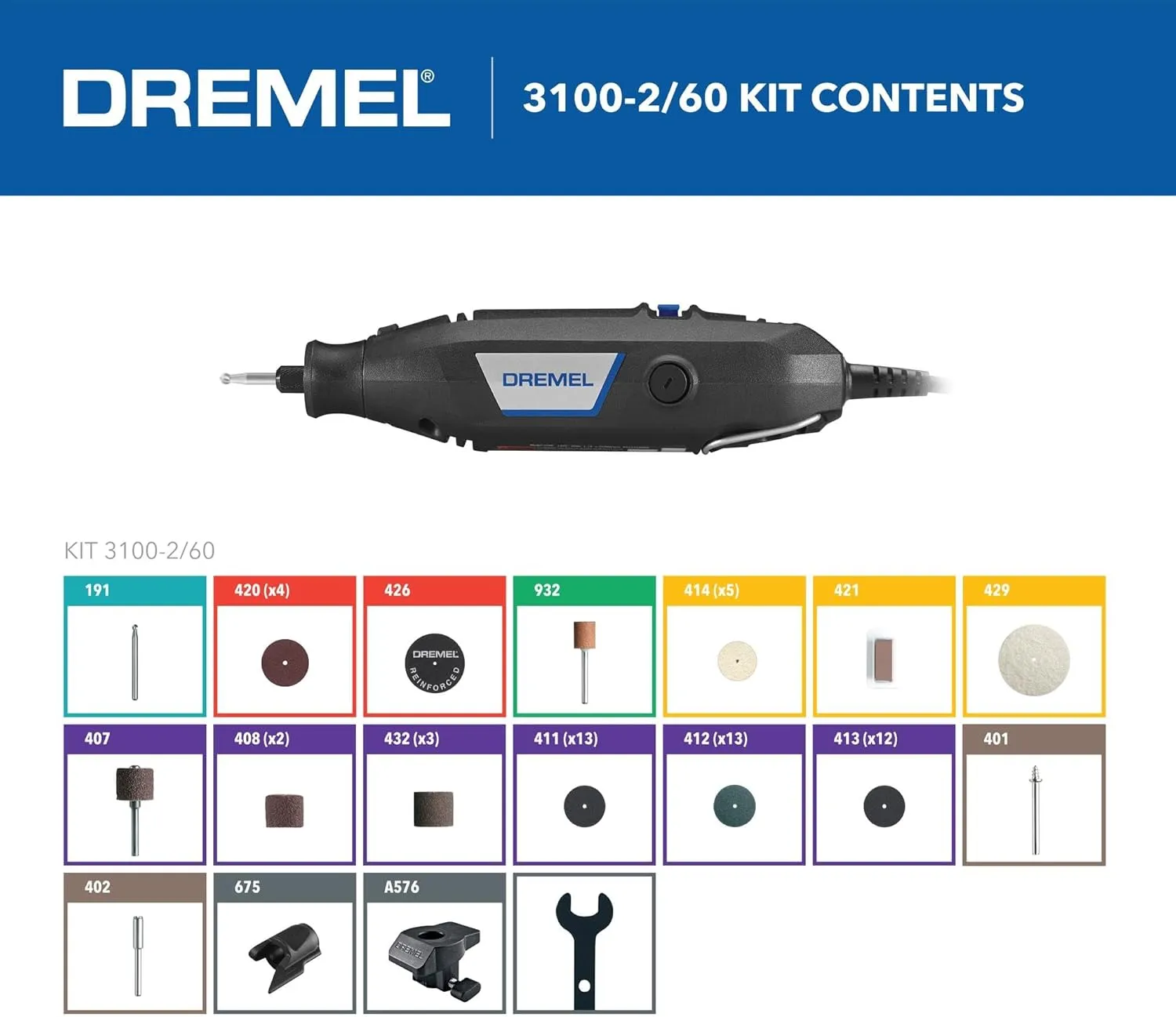 Dremel 3100-2/60 Variable Speed Rotary Tool Kit- 2 Attachments and 60 Accessories, Ideal for a Variety of Crafting and DIY Projects- Cutting, Sanding, Grinding, Polishing, Drilling, and Engraving