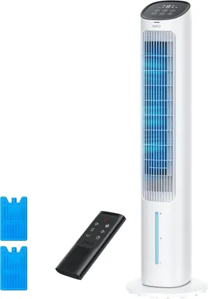 Dreo Evaporative Air Cooler, 40” Standing Fans that Blow Cold Air, 80° Oscillating Bladeless Cooling Fan for Bedroom, Swamp Cooler, Removable Water Tank, Ice Pack, Remote, 3 Mode 4-Speed, White
