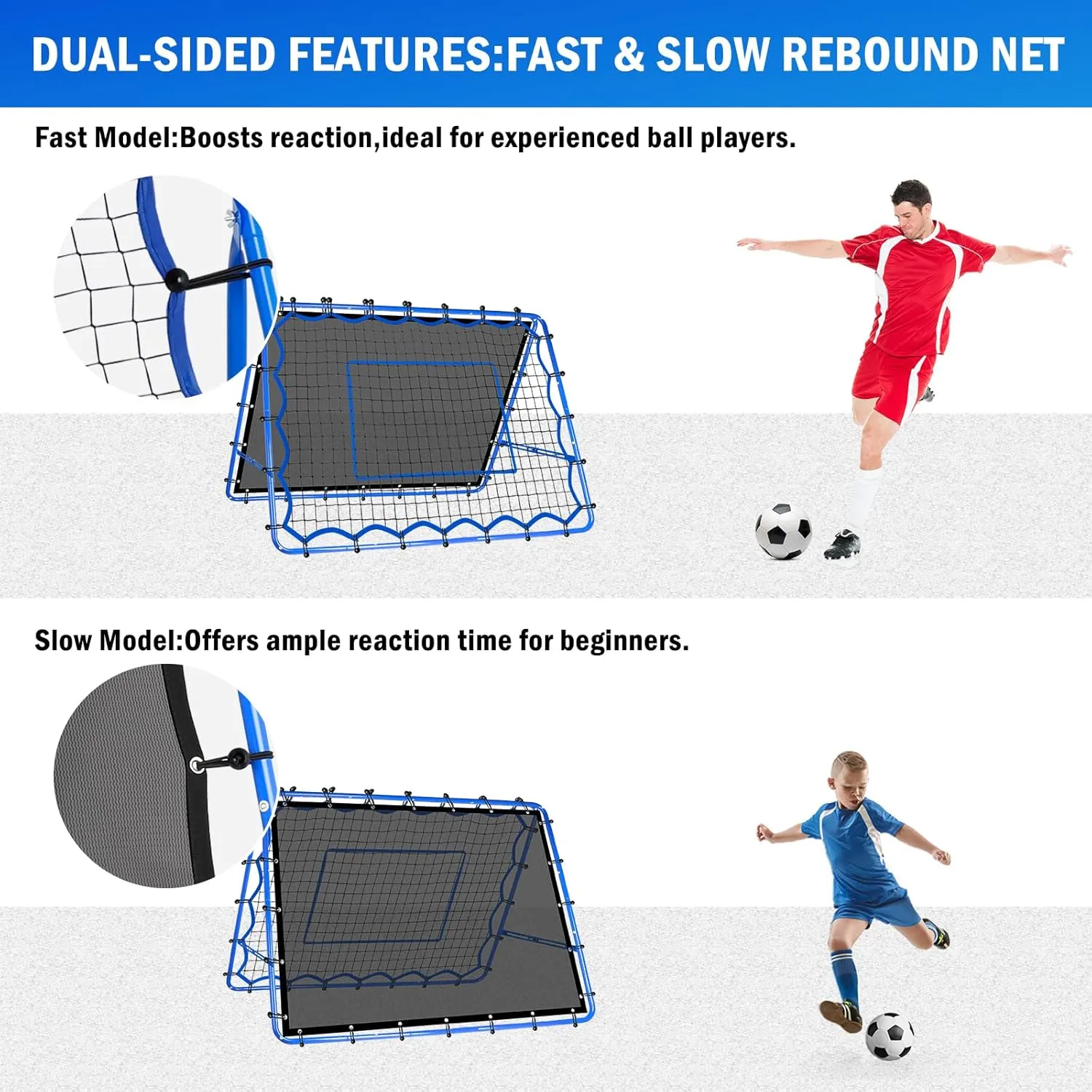 Dual-Sided Soccer Rebounder Net, Fast & Slow Rebound Speed Training for Control, Passing Practice, Easy Setup Baseball/Volleyball Rbounder Gifts Aids & Equipment for Kids,Teens & Adults
