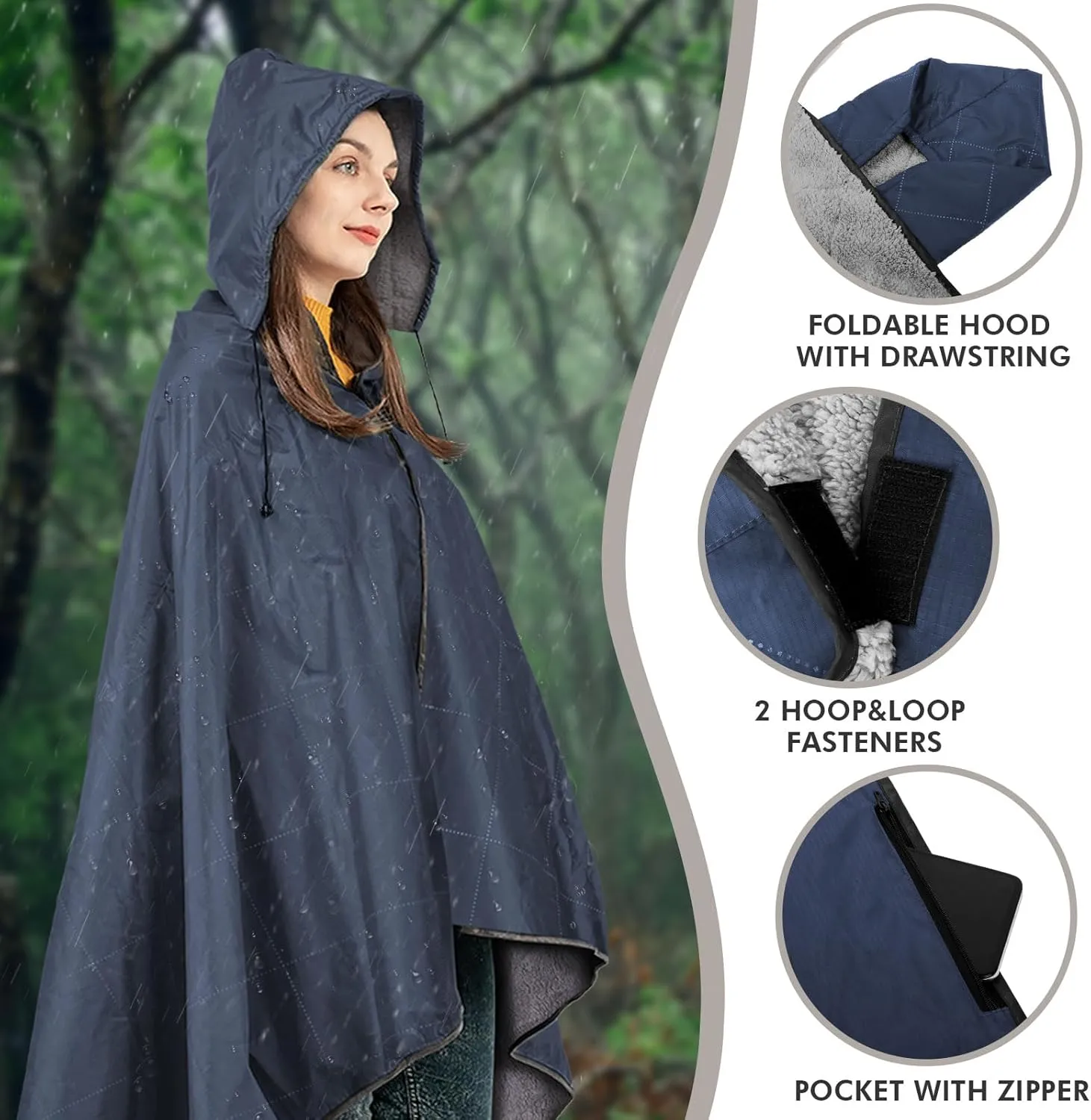 DUKUSEEK Outdoors Waterproof Throw Blanket with Hood, 79”x 59” Sherpa Fleece Stadium Windproof Blankets for Boat, Traveling, Camping, Football, Dogs, Outdoor Sporting Events-Machine Washable