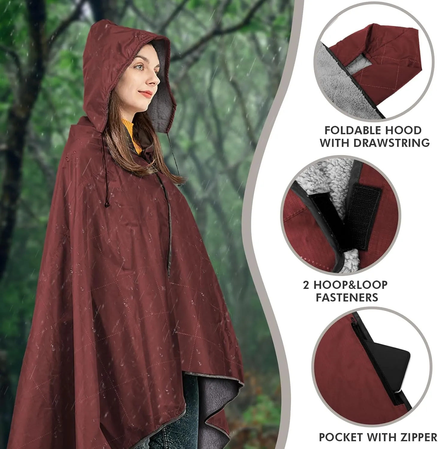 DUKUSEEK Outdoors Waterproof Throw Blanket with Hood, 79”x 59” Sherpa Fleece Stadium Windproof Blankets for Boat, Traveling, Camping, Football, Dogs, Outdoor Sporting Events-Machine Washable