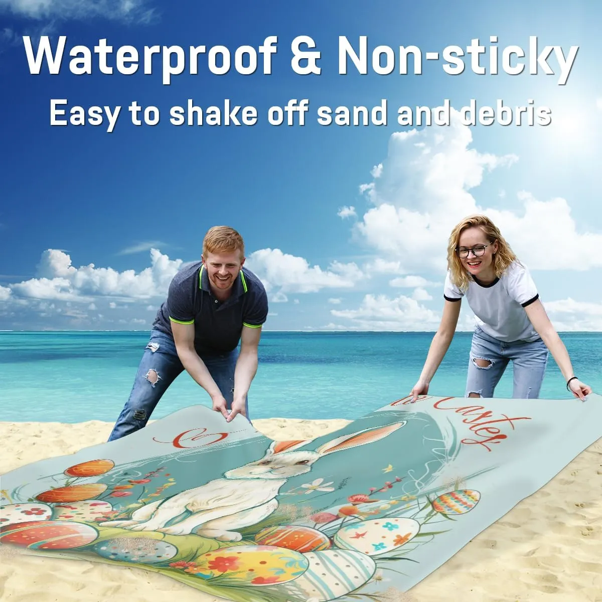 Easter Beach Blanket, Sandproof Beach Mat, Adults Waterproof Quick Drying Sand Free Mat with 4 x Ground Spikes for Outdoor Travel Camping Hiking, Rabbit Easter Eggs