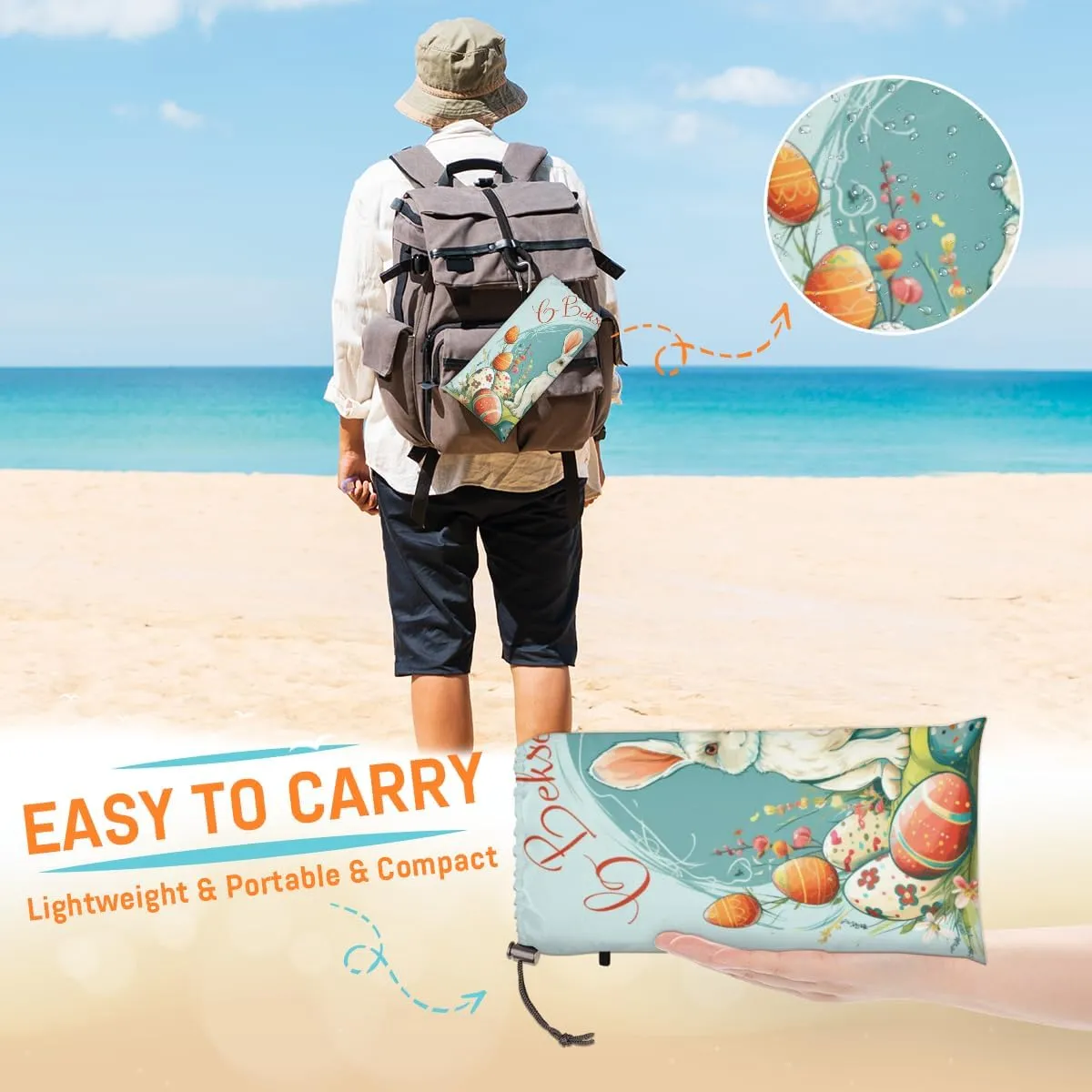 Easter Beach Blanket, Sandproof Beach Mat, Adults Waterproof Quick Drying Sand Free Mat with 4 x Ground Spikes for Outdoor Travel Camping Hiking, Rabbit Easter Eggs