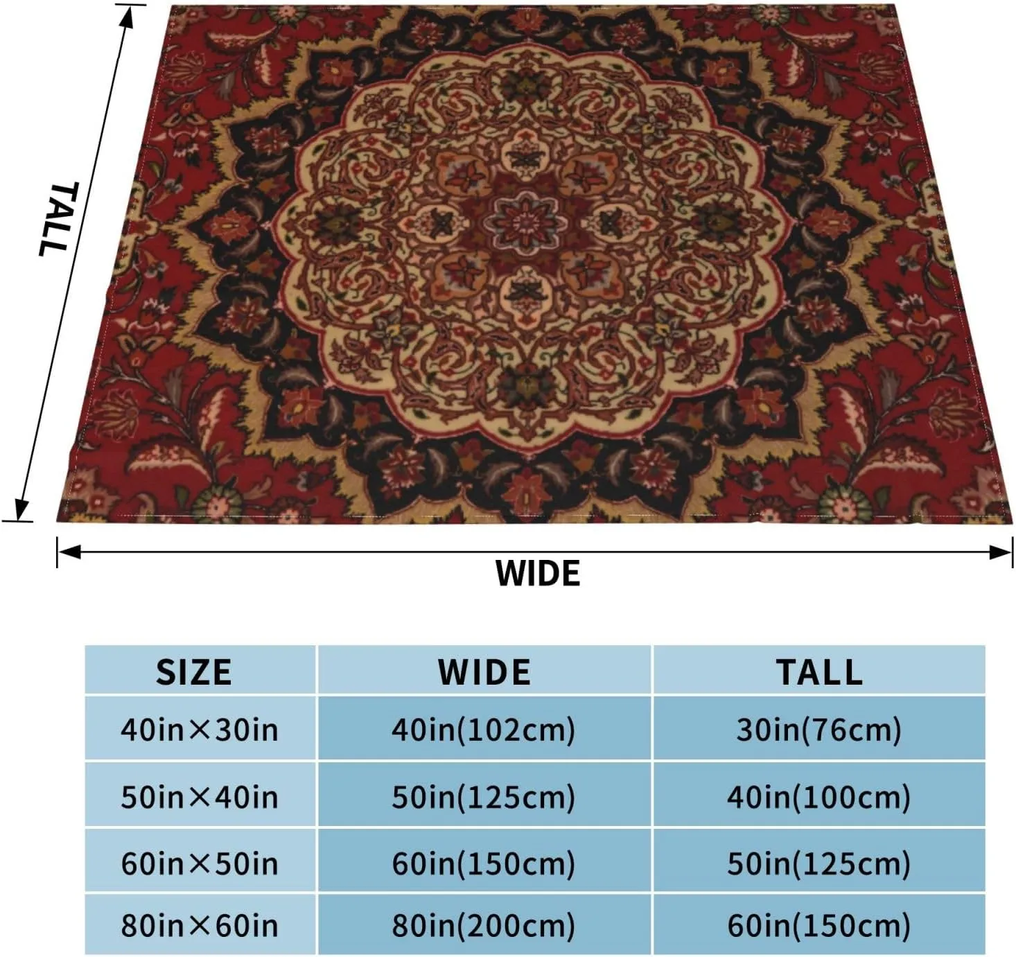 Eastern Accent Vintage Persian Pattern 80"X60" Flannel Blanket - 100% Soft Polyester, Lightweight and Warm, Suitable for Families, Camping, Travel