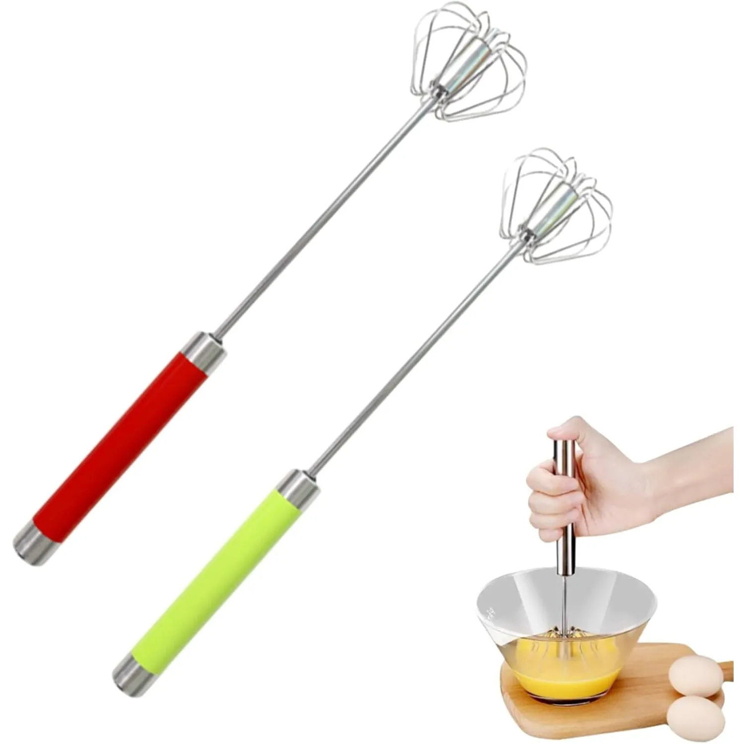 Easy Whisk - Easy Whisk Handheld Mixer, Easy Whisk Stainless Steel Hand Push Egg Beaters, 12 inch Stainless Steel Semi-Automatic Whisk Hand Push Mixer Rotary Whisk for Blending Beating (Red)