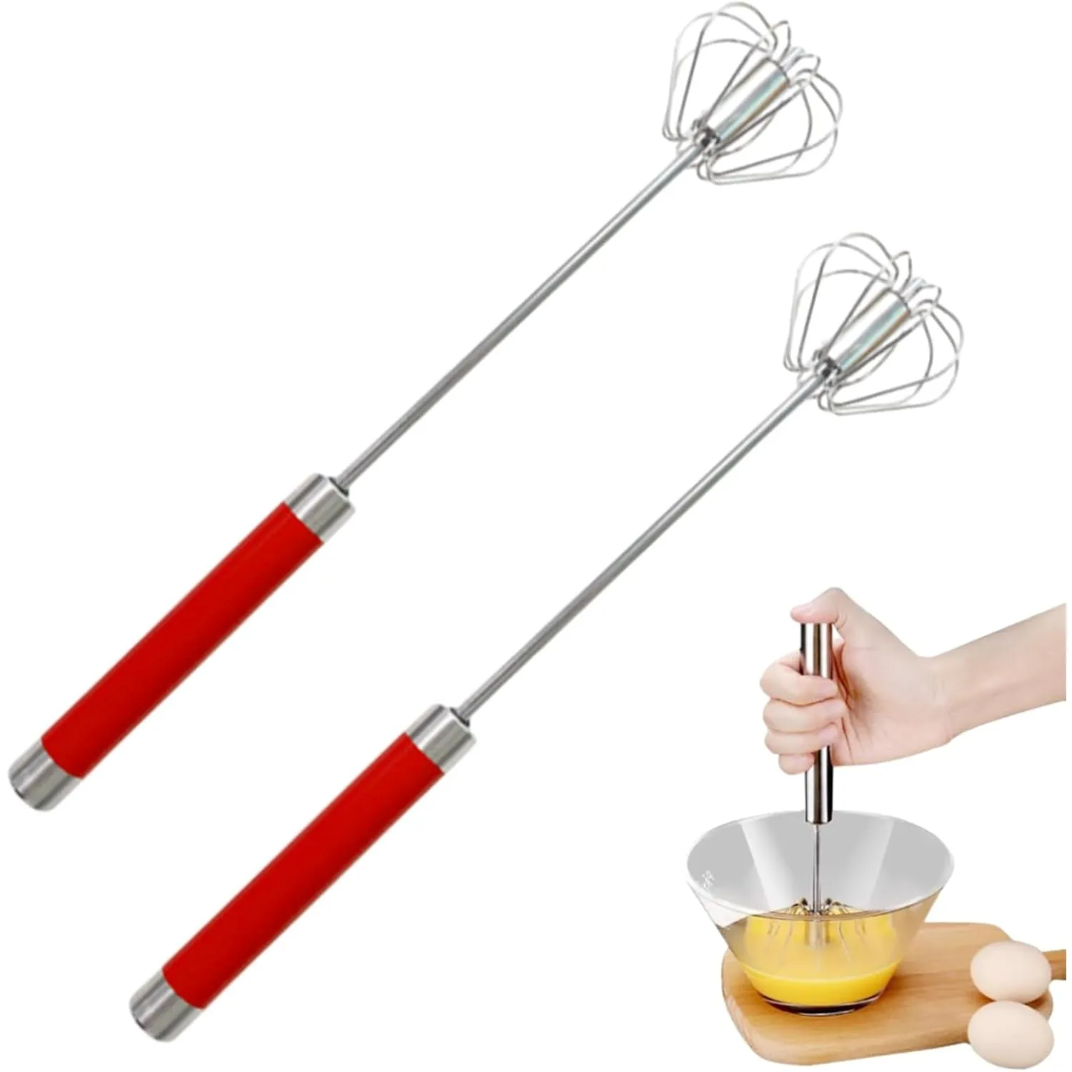 Easy Whisk - Easy Whisk Handheld Mixer, Easy Whisk Stainless Steel Hand Push Egg Beaters, 12 inch Stainless Steel Semi-Automatic Whisk Hand Push Mixer Rotary Whisk for Blending Beating (Red)
