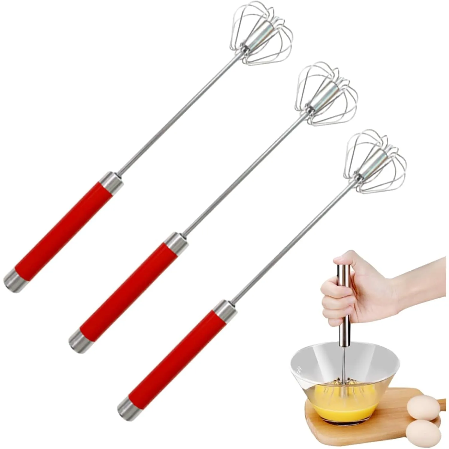 Easy Whisk - Easy Whisk Handheld Mixer, Easy Whisk Stainless Steel Hand Push Egg Beaters, 12 inch Stainless Steel Semi-Automatic Whisk Hand Push Mixer Rotary Whisk for Blending Beating (Red)