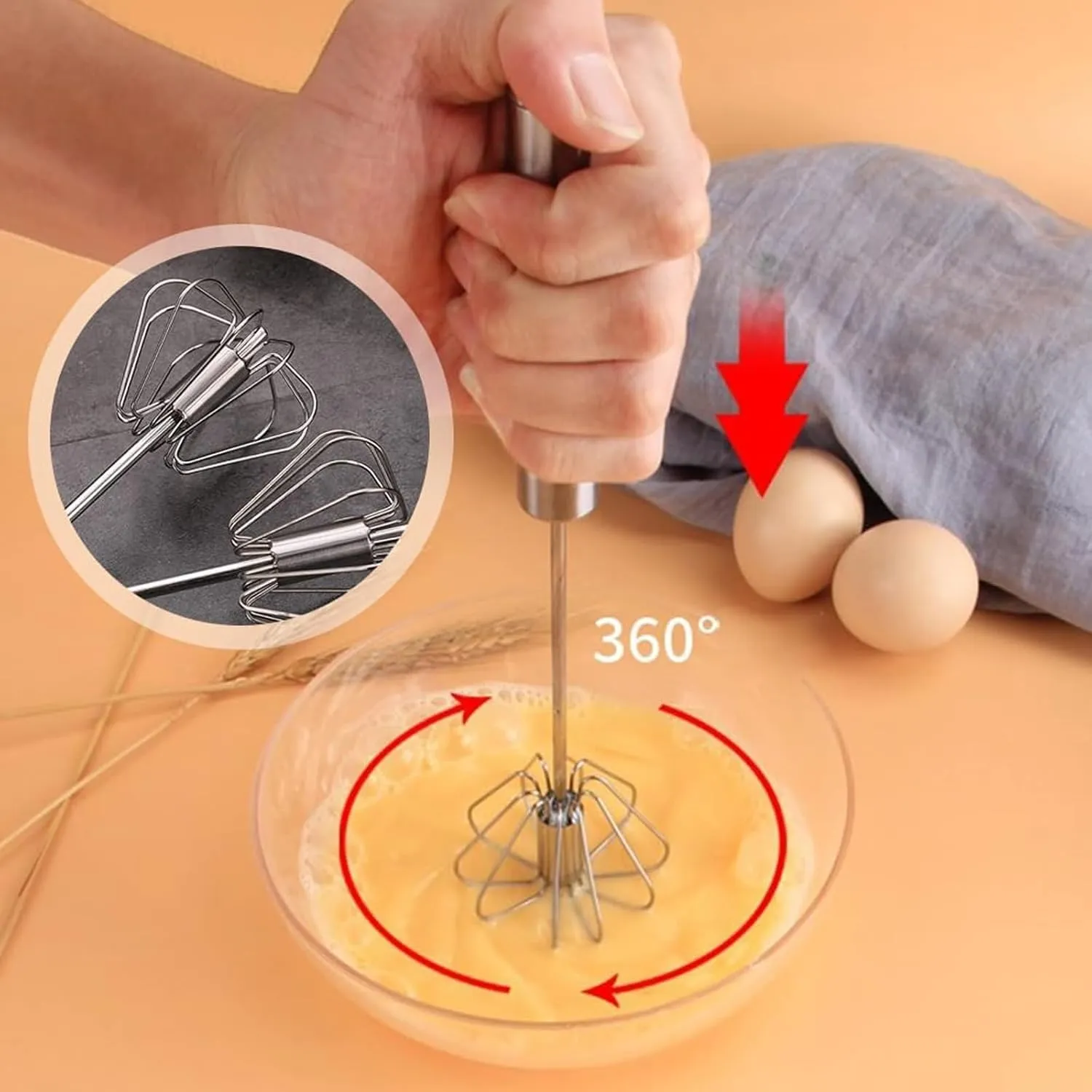 Easy Whisk - Easy Whisk Handheld Mixer, Easy Whisk Stainless Steel Hand Push Egg Beaters, 12 inch Stainless Steel Semi-Automatic Whisk Hand Push Mixer Rotary Whisk for Blending Beating (Red)