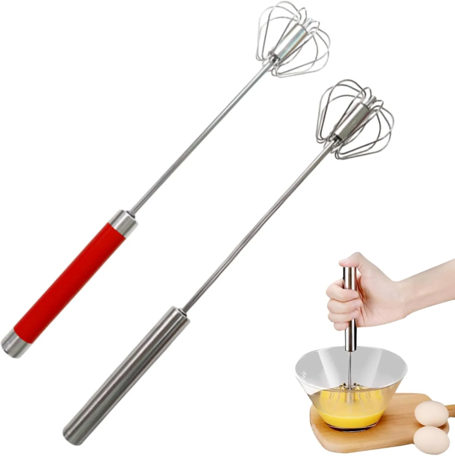 Easy Whisk - Easy Whisk Handheld Mixer, Easy Whisk Stainless Steel Hand Push Egg Beaters, 12 inch Stainless Steel Semi-Automatic Whisk Hand Push Mixer Rotary Whisk for Blending Beating (Red)