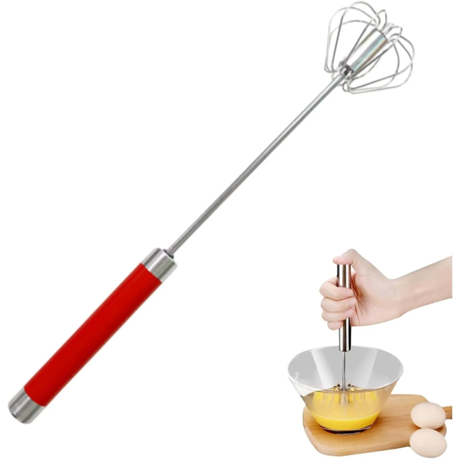 Easy Whisk - Easy Whisk Handheld Mixer, Easy Whisk Stainless Steel Hand Push Egg Beaters, 12 inch Stainless Steel Semi-Automatic Whisk Hand Push Mixer Rotary Whisk for Blending Beating (Red)