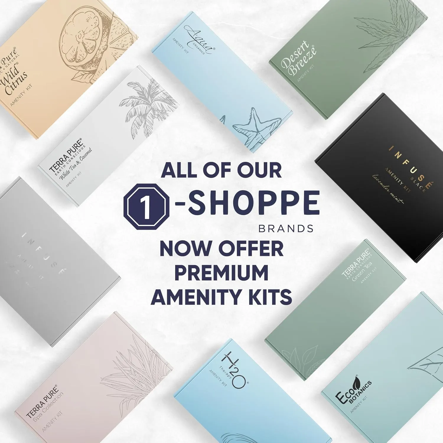 Eco Botanics Amenity & Accessory Kit | 0.85 oz Travel Size Shampoo, Conditioner, Lotion, Body Wash, Body Bar, Cleansing Bar, Shave & Dental Sets, Make-Up Remover Wipes, & Vanity Kit | 15 sets per case