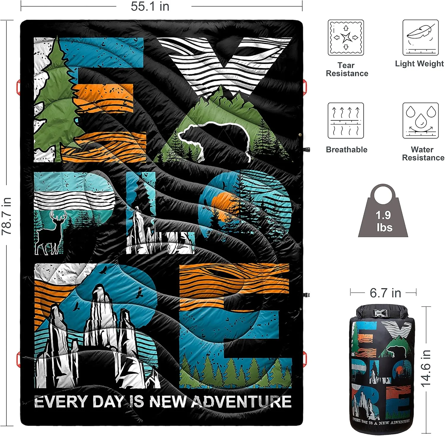 ECOSILK Puffy Blanket for Camping, Traveling, Picnics | Wearable, Waterproof, Lightweight, Packable Outdoor Travel Blanket Airplane w. Stuff Sack for Stadium, Car, Festival | 55 X 79 in